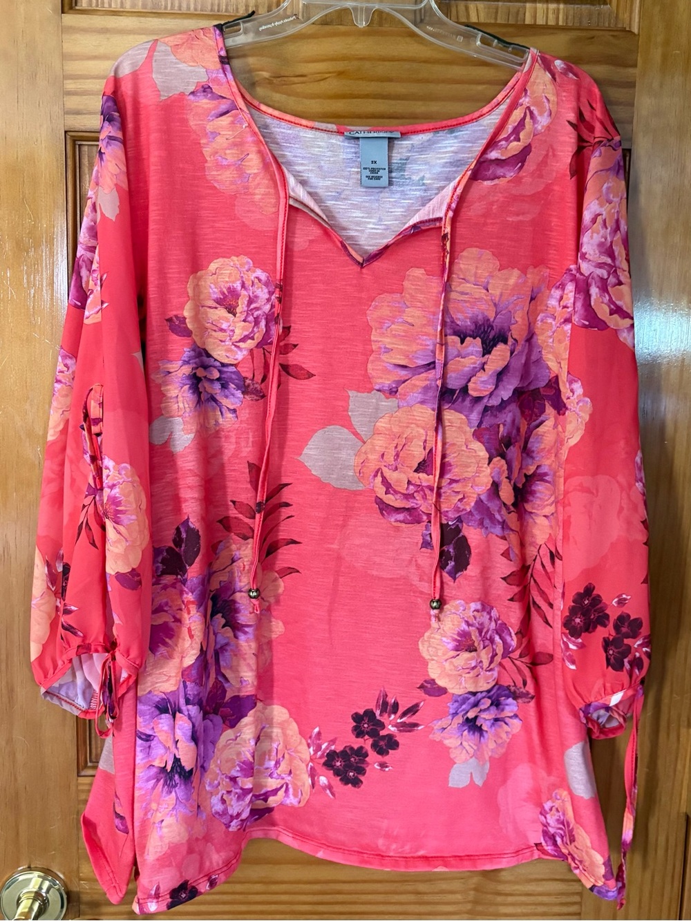 Catherines Coral Pink Floral V-Neck Tie Tunic